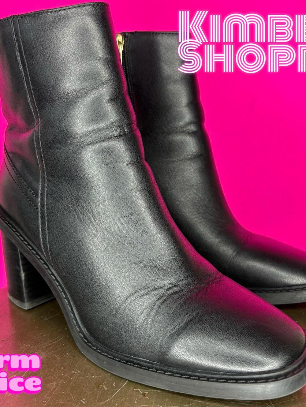 Aldo Filly Black Leather Square Toe Block Heel High Ankle Boot US 8 UK 5.5